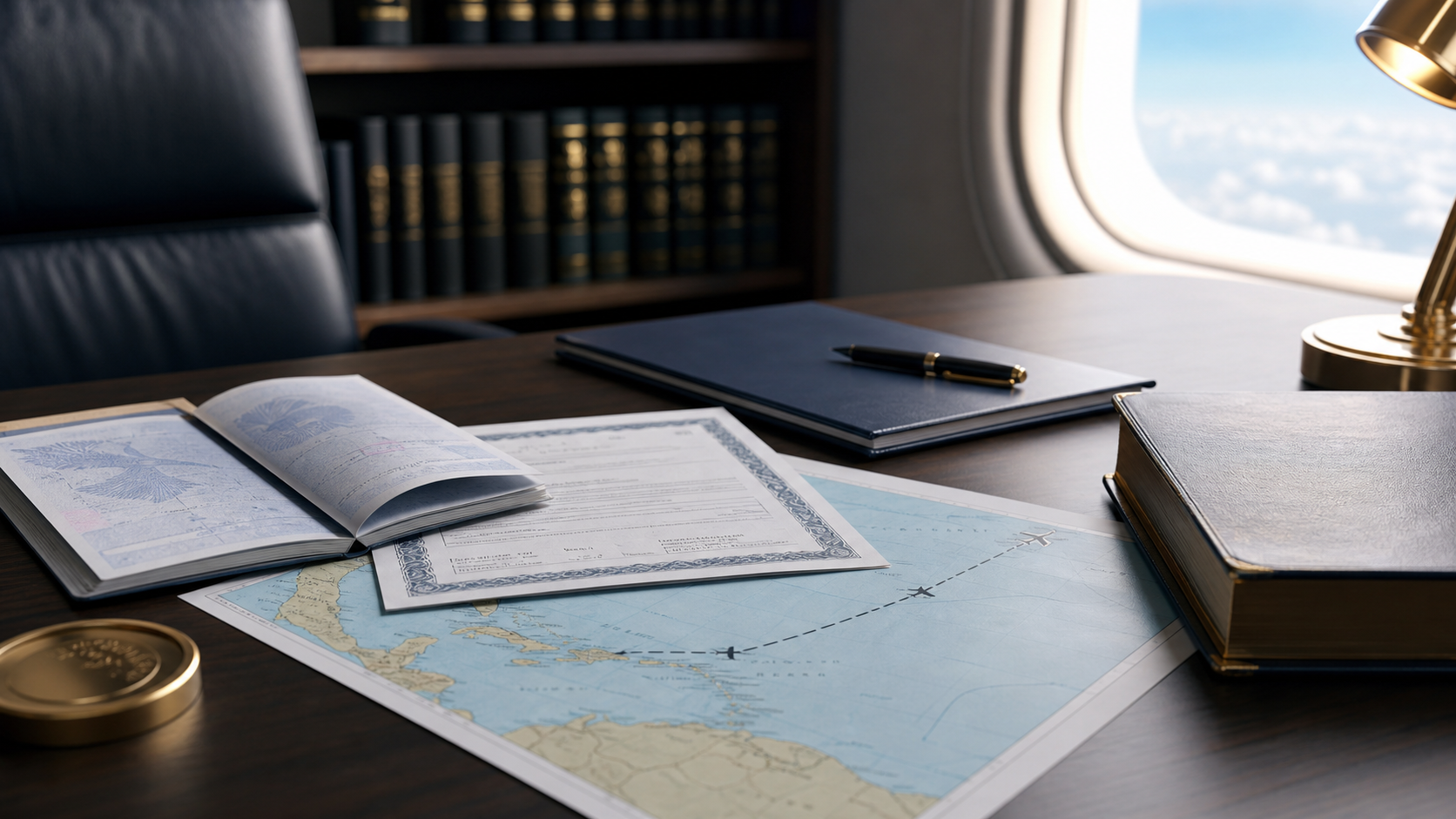 Immigration attorney desk with passport, birth certificate paperwork, and airline route map for a mid-air birth citizenship case.