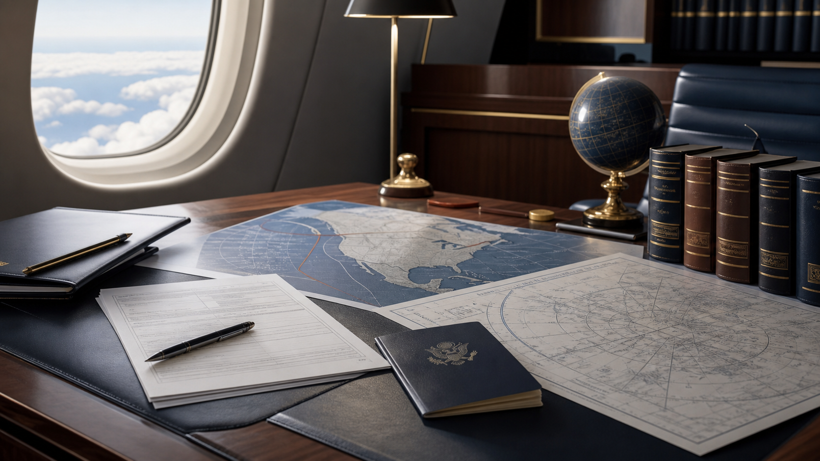 Immigration law desk with passport, airspace map, aviation chart, and legal references for a plane birth jurisdiction case.